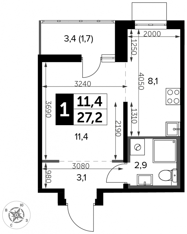 1-комнатная квартира (Студия) с отделкой в ЖК Южная Битца на 9 этаже в 1 секции. Сдача в 3 кв. 2023 г.