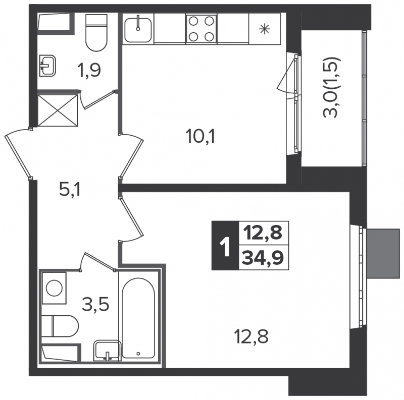 3-комнатная квартира с отделкой в ЖК Черная Речка на 7 этаже в 1 секции. Сдача в 2 кв. 2022 г.
