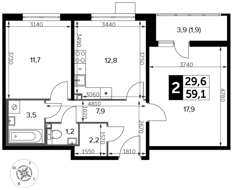 3-комнатная квартира в ЖК Город Счастья на 6 этаже в 5 секции. Сдача в 2 кв. 2019 г.