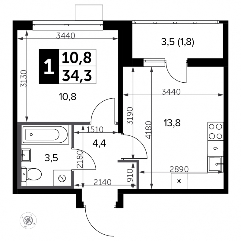 1-комнатная квартира в ЖК Южная Битца на 10 этаже в 3 секции. Сдача в 2 кв. 2021 г.
