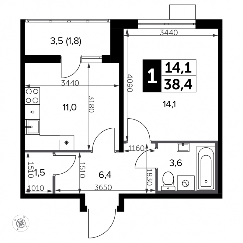 1-комнатная квартира в ЖК Отрадный на 17 этаже в 1 секции. Сдача в 1 кв. 2024 г.