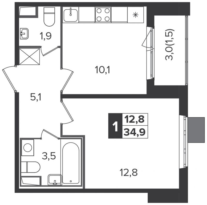 1-комнатная квартира в ЖК Отрадный на 10 этаже в 1 секции. Сдача в 1 кв. 2024 г.