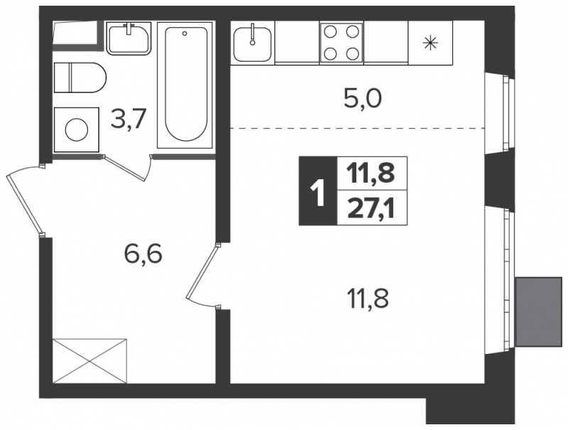 1-комнатная квартира (Студия) с отделкой в ЖК Южная Битца на 6 этаже в 4 секции. Сдача в 3 кв. 2023 г.