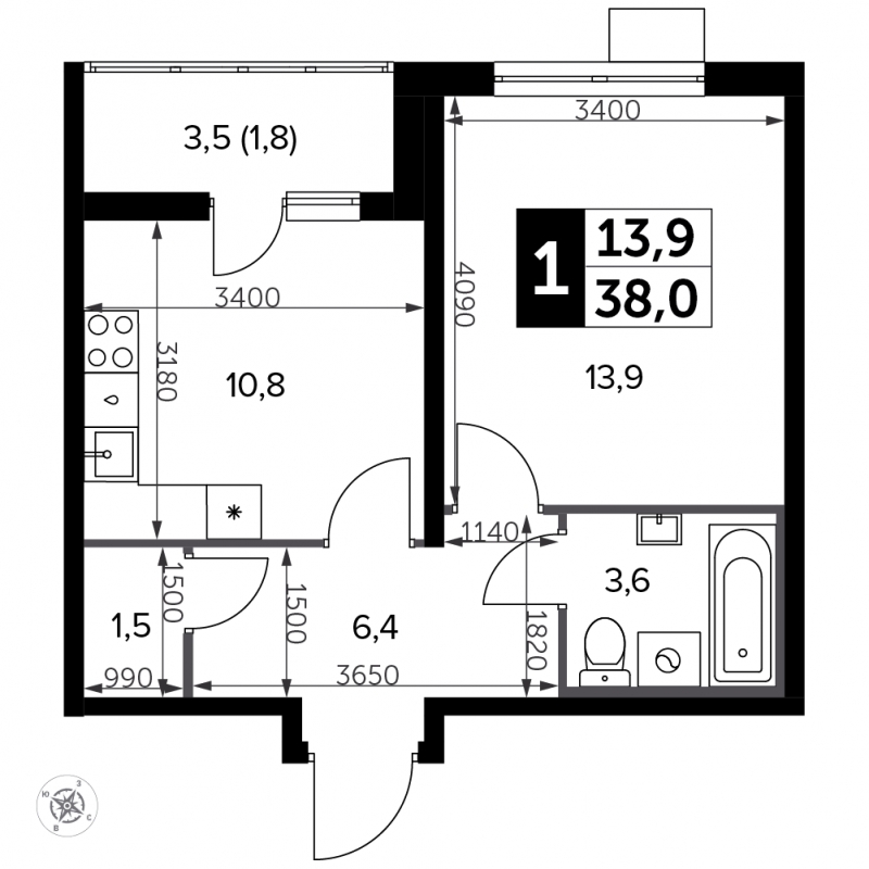 1-комнатная квартира (Студия) с отделкой в ЖК Южная Битца на 15 этаже в 1 секции. Сдача в 3 кв. 2023 г.