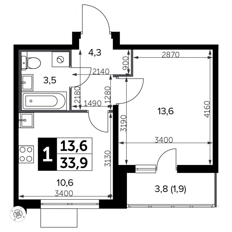 1-комнатная квартира в ЖК LIFE-Варшавская на 13 этаже в 1 секции. Сдача в 4 кв. 2023 г.