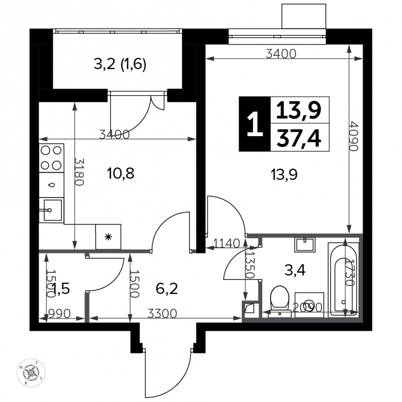 1-комнатная квартира (Студия) с отделкой в ЖК Южная Битца на 24 этаже в 4 секции. Сдача в 4 кв. 2021 г.