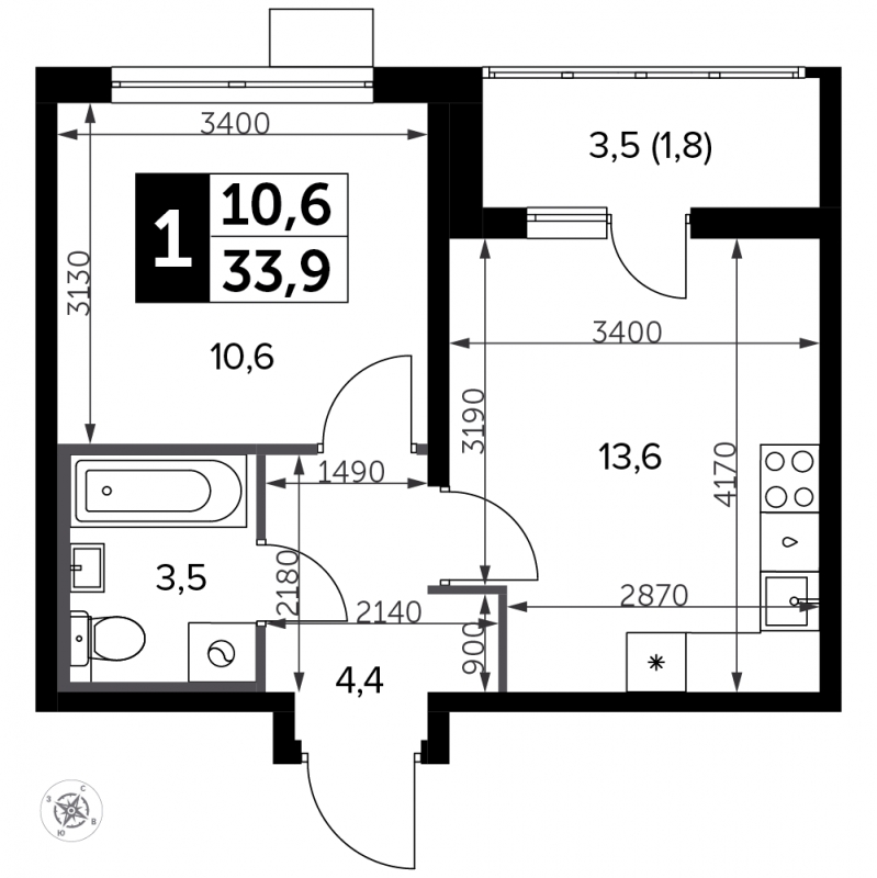 1-комнатная квартира (Студия) с отделкой в ЖК Южная Битца на 14 этаже в 4 секции. Сдача в 4 кв. 2021 г.