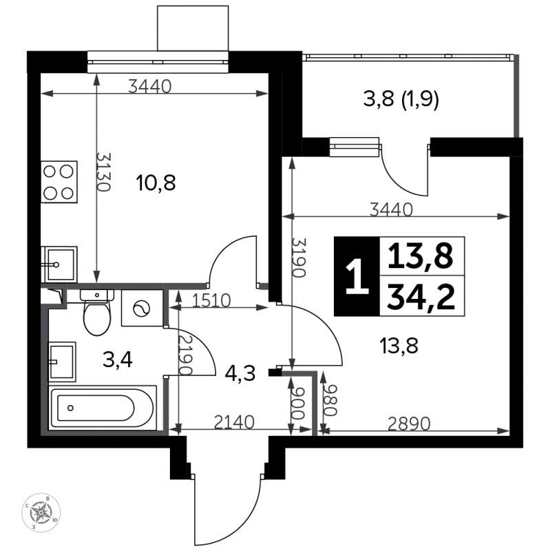 3-комнатная квартира в ЖК Настроение на 10 этаже в 1 секции. Сдача в 1 кв. 2021 г.