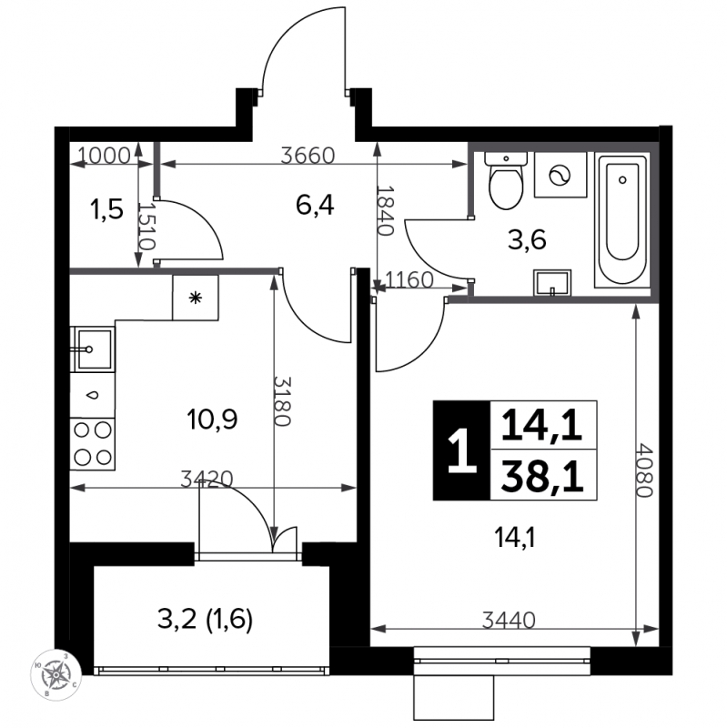 1-комнатная квартира (Студия) в ЖК Сиреневый Парк на 2 этаже в 5 секции. Сдача в 1 кв. 2024 г.