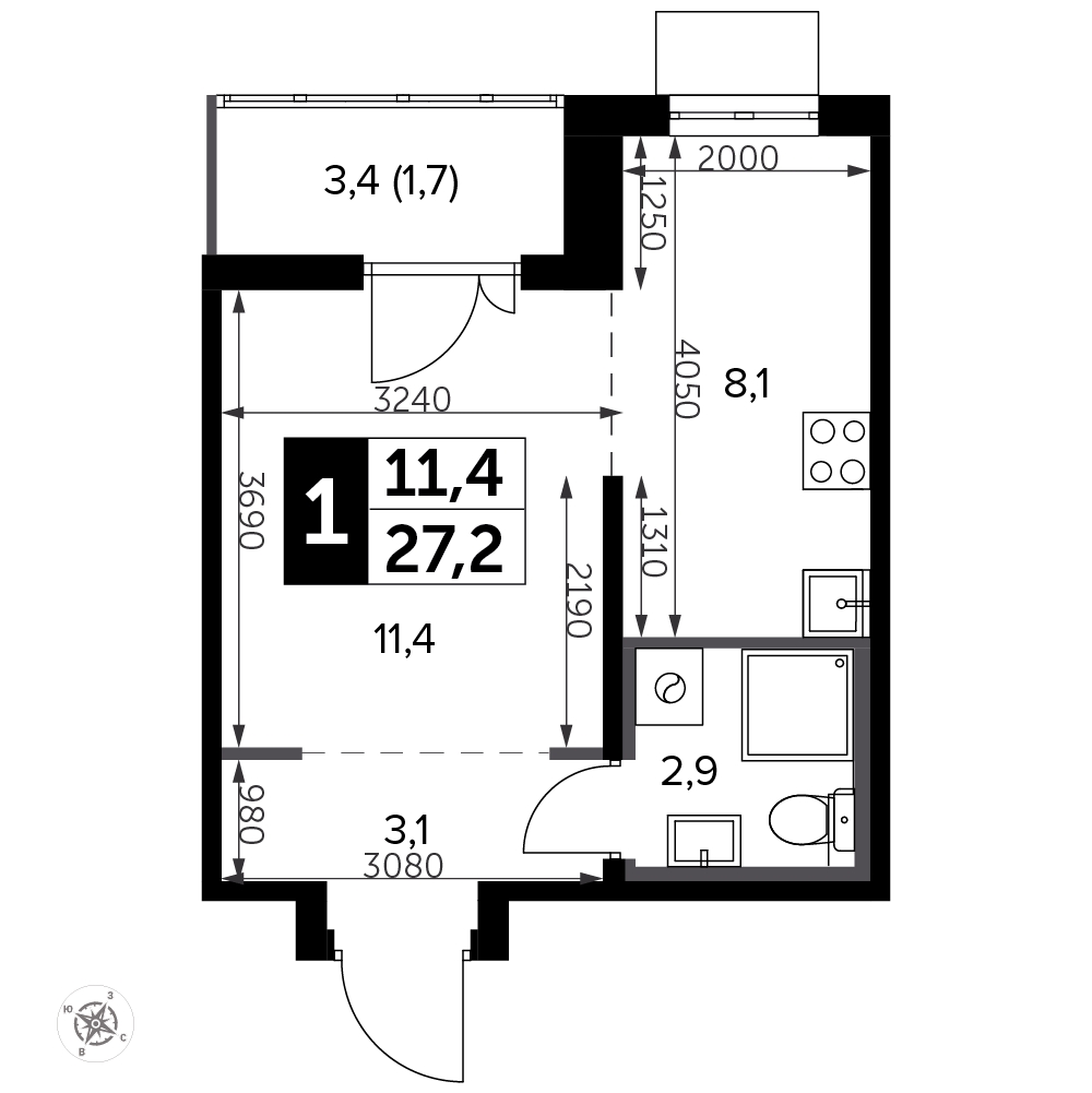 2-комнатная квартира с отделкой в ЖК Южная Битца на 2 этаже в 3 секции. Сдача в 2 кв. 2021 г.