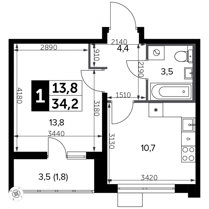 2-комнатная квартира в ЖК Настроение на 8 этаже в 4 секции. Сдача в 1 кв. 2021 г.