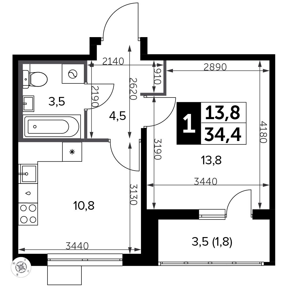 1-комнатная квартира (Студия) с отделкой в ЖК Южная Битца на 12 этаже в 3 секции. Сдача в 3 кв. 2023 г.