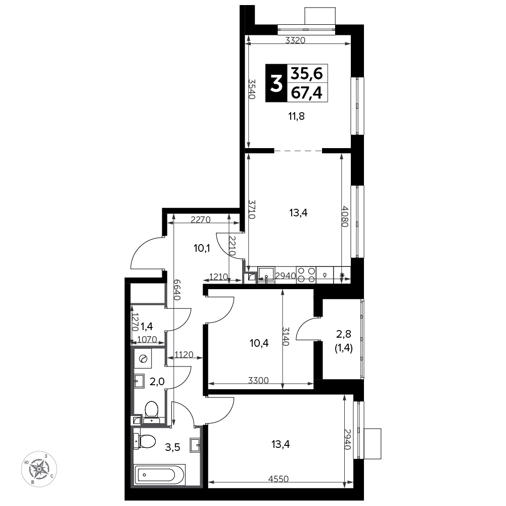 3-комнатная квартира с отделкой в ЖК LIFE-Варшавская на 12 этаже в 6 секции. Сдача в 1 кв. 2024 г.