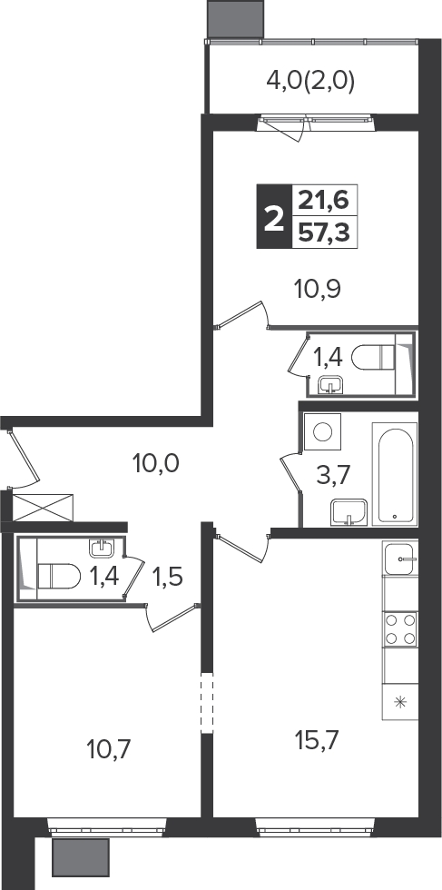 2-комнатная квартира в ЖК Южная Битца на 8 этаже в 2 секции. Сдача в 4 кв. 2021 г.