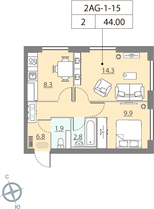 1-комнатная квартира в ЖК Квартал Тетрис на 9 этаже в 1 секции. Сдача в 2 кв. 2025 г.
