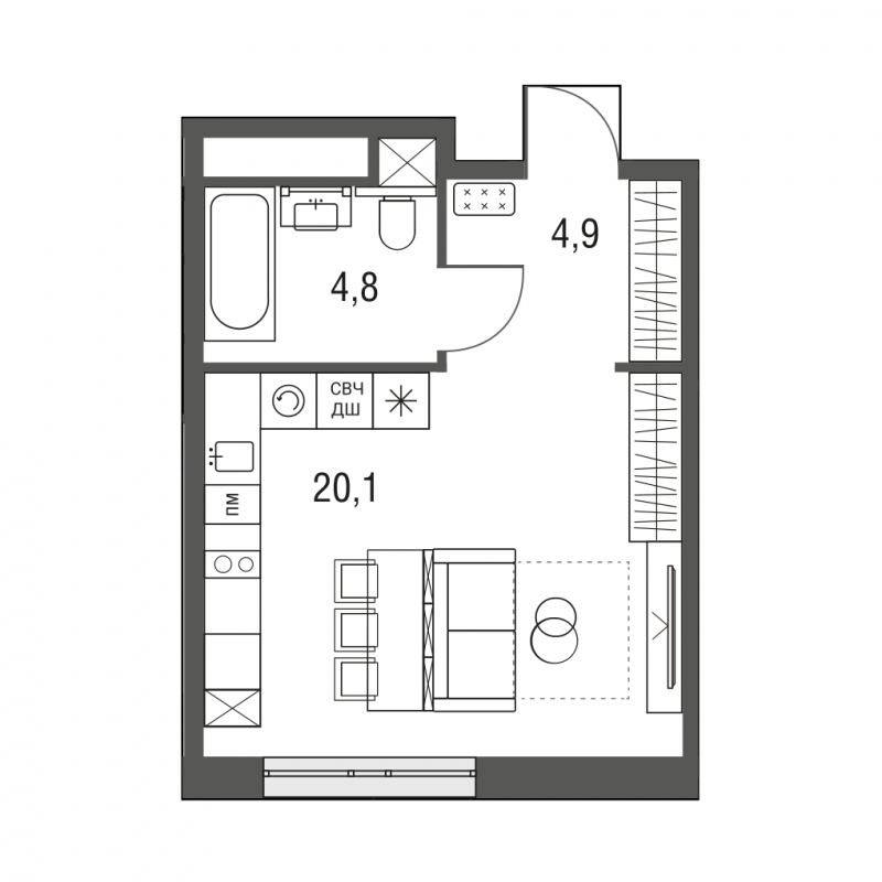 1-комнатная квартира (Студия) с отделкой в ЖК Южная Битца на 2 этаже в 3 секции. Сдача в 3 кв. 2023 г.