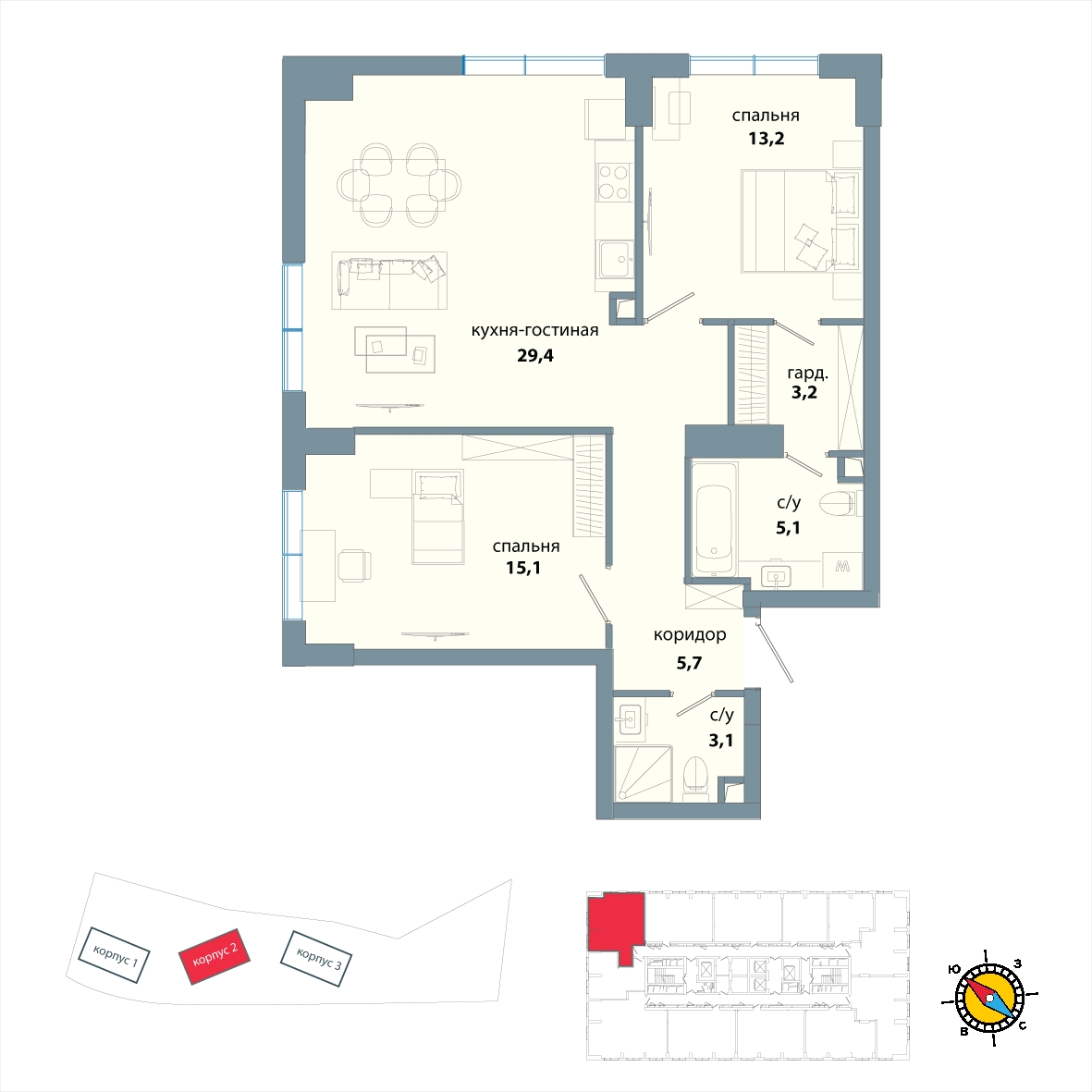 2-комнатная квартира в ЖК Южная Битца на 18 этаже в 12 секции. Сдача в 4 кв. 2021 г.