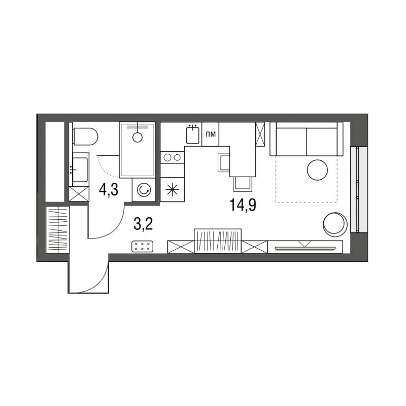 1-комнатная квартира (Студия) с отделкой в ЖК Южная Битца на 4 этаже в 3 секции. Сдача в 3 кв. 2023 г.