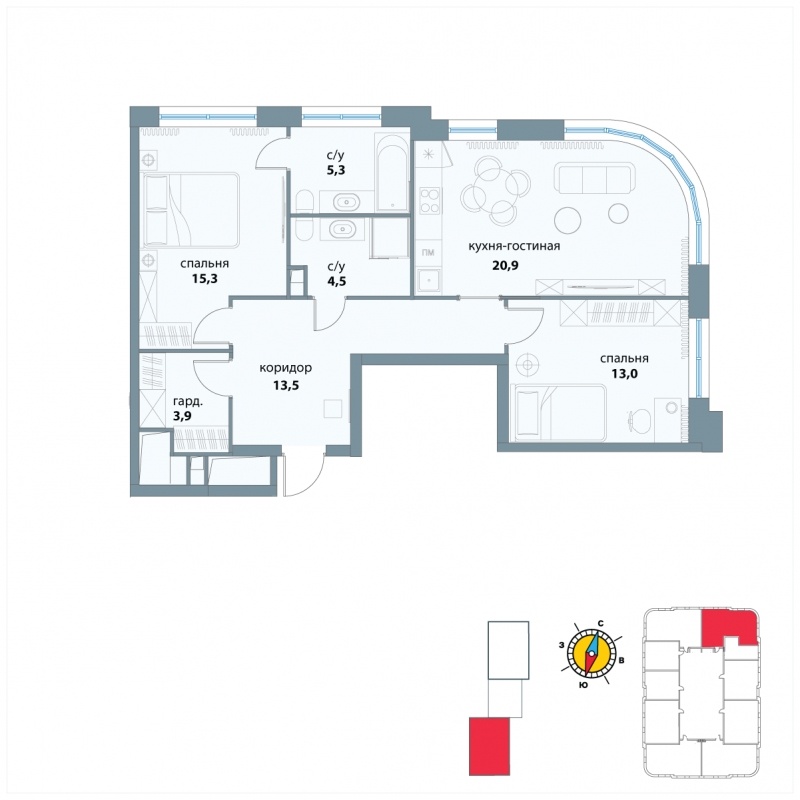 3-комнатная квартира в ЖК Южная Битца на 18 этаже в 3 секции. Сдача в 4 кв. 2021 г.