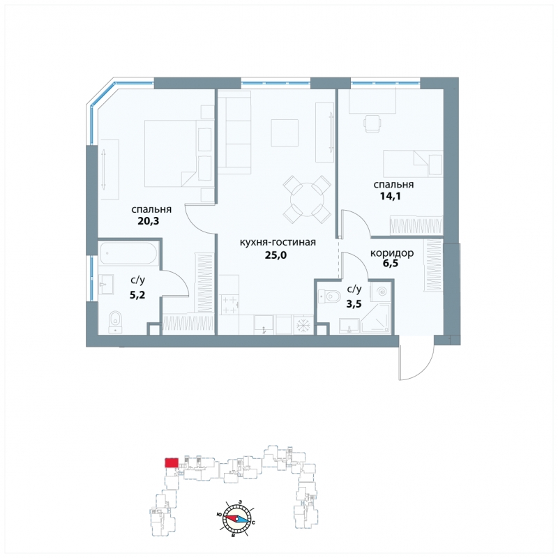 3-комнатная квартира в ЖК Сиреневый Парк на 19 этаже в 7 секции. Сдача в 1 кв. 2024 г.