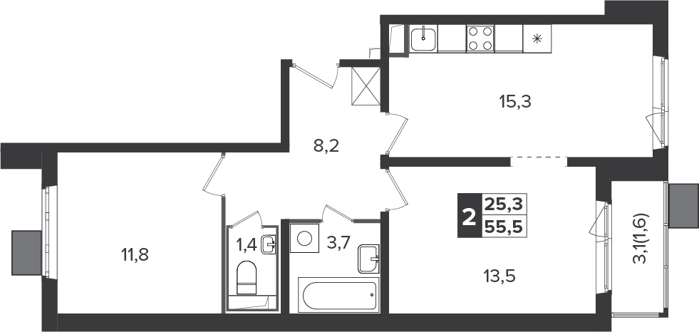 1-комнатная квартира в ЖК Байконур на 11 этаже в 1 секции. Дом сдан.