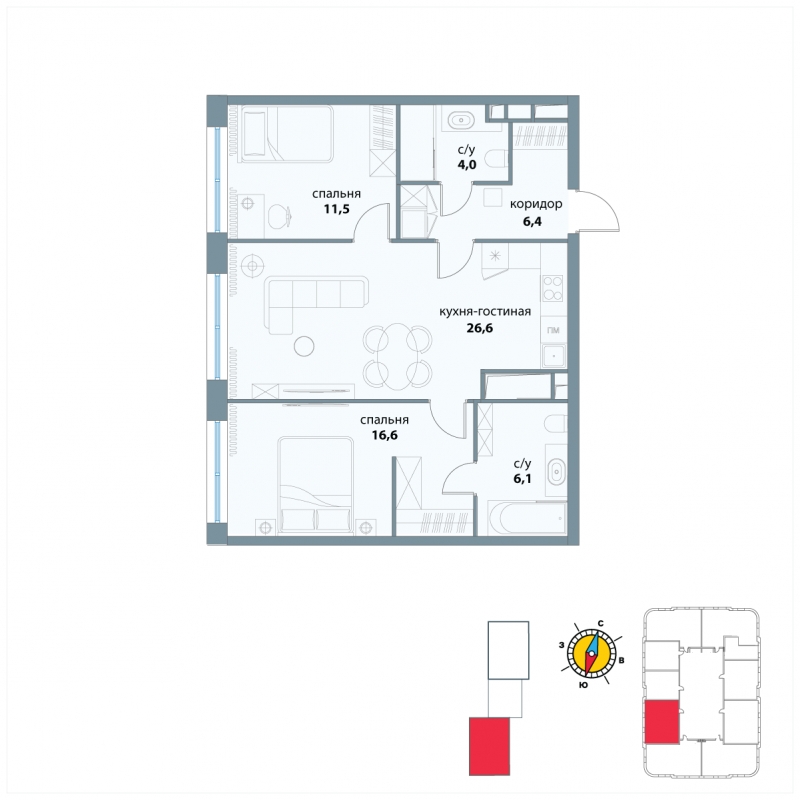 3-комнатная квартира в ЖК Южная Битца на 3 этаже в 11 секции. Сдача в 4 кв. 2021 г.