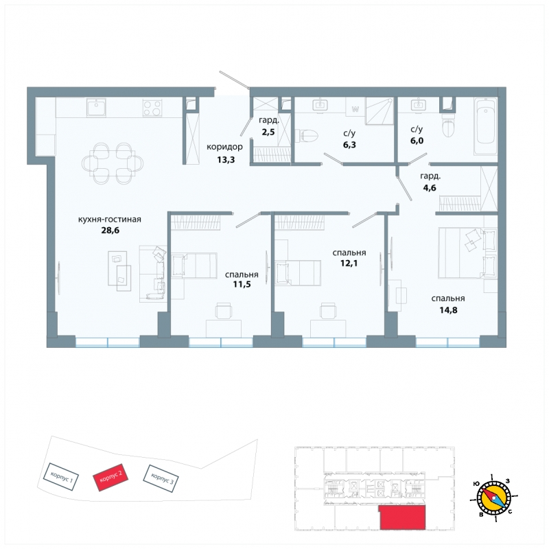 3-комнатная квартира с отделкой в ЖК Южная Битца на 2 этаже в 2 секции. Сдача в 3 кв. 2023 г.