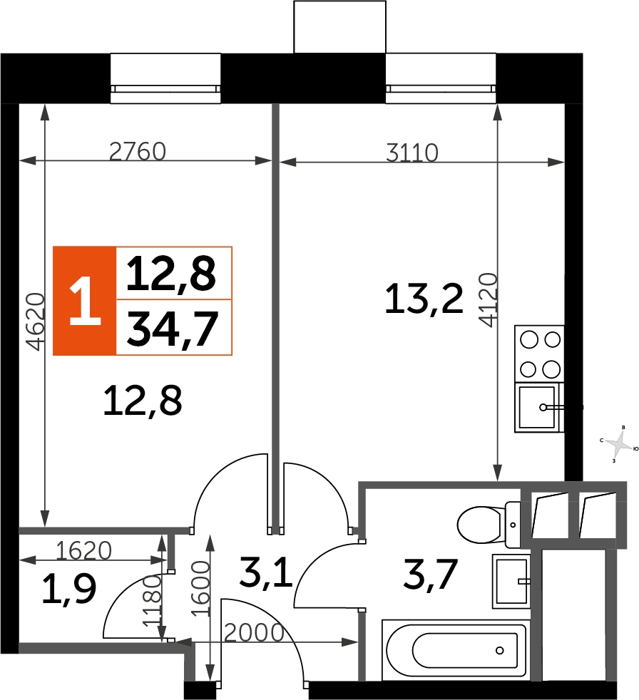 2-комнатная квартира в ЖК Южная Битца на 18 этаже в 1 секции. Сдача в 4 кв. 2021 г.