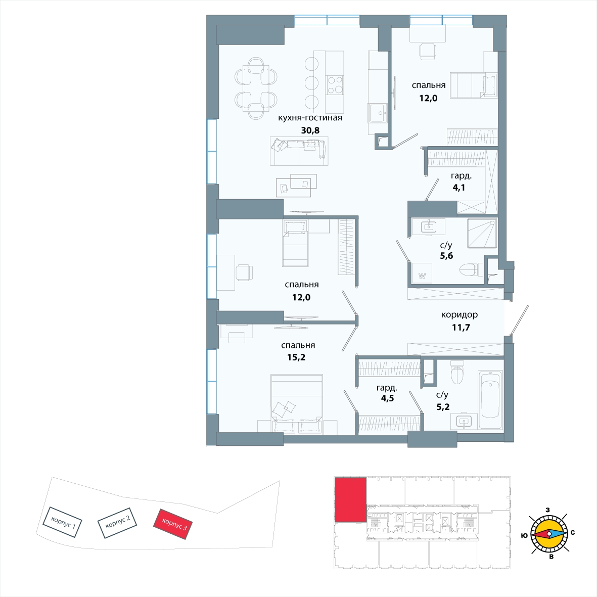 4-комнатная квартира в ЖК РЕКА на 4 этаже в 3 секции. Сдача в 4 кв. 2026 г.