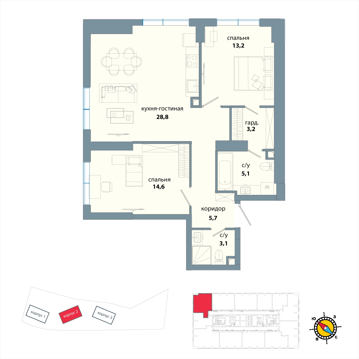 2-комнатная квартира с отделкой в ЖК РЕКА на 3 этаже в 2 секции. Сдача в 2 кв. 2024 г.