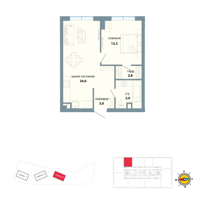 1-комнатная квартира (Студия) в ЖК Сиреневый Парк на 19 этаже в 4 секции. Сдача в 1 кв. 2024 г.