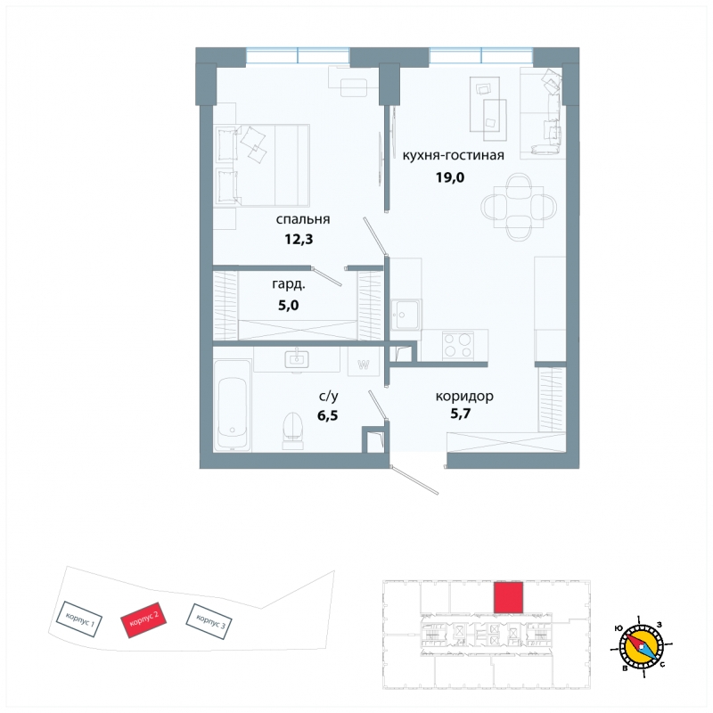 1-комнатная квартира (Студия) в ЖК Сиреневый Парк на 2 этаже в 7 секции. Сдача в 1 кв. 2024 г.