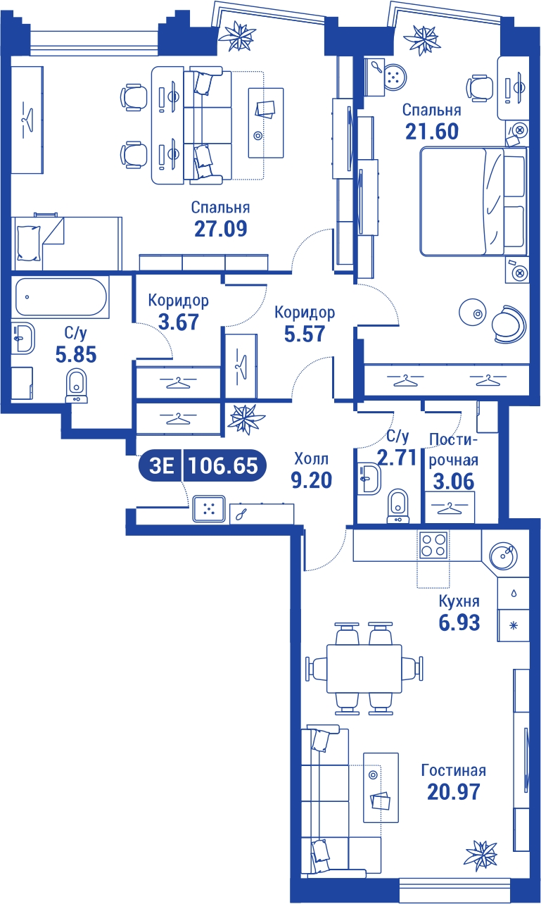 4-комнатная квартира в ЖК Событие на 46 этаже в 1 секции. Сдача в 3 кв. 2025 г.