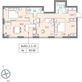 3-комнатная квартира в ЖК Квартал Тетрис на 9 этаже в 1 секции. Сдача в 2 кв. 2025 г.