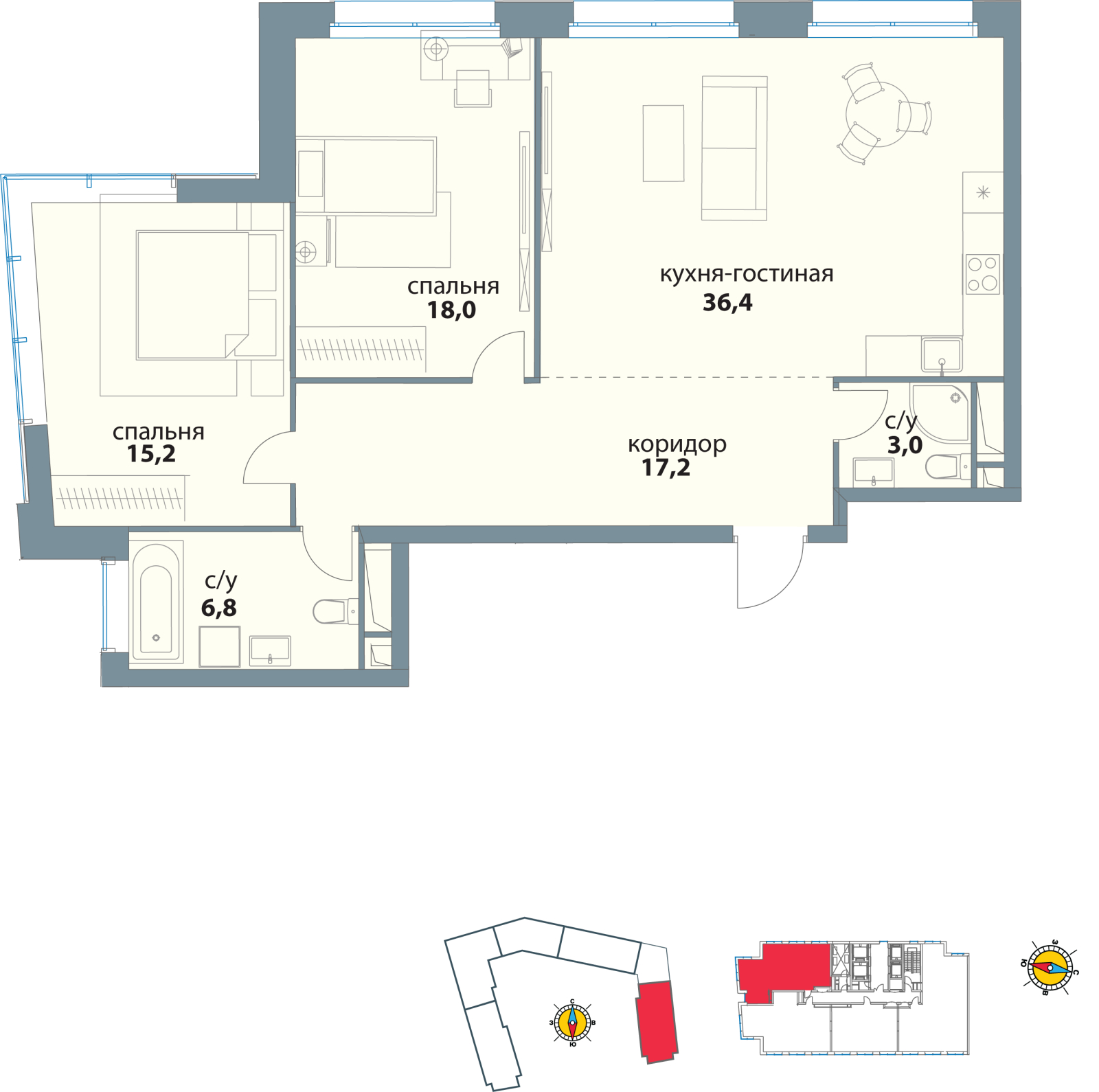 2-комнатная квартира в ЖК Событие на 17 этаже в 1 секции. Сдача в 3 кв. 2025 г.