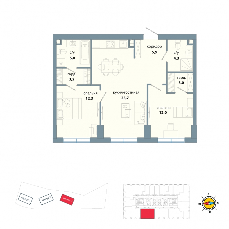 3-комнатная квартира в ЖК Южная Битца на 7 этаже в 5 секции. Сдача в 4 кв. 2021 г.