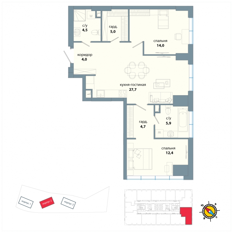 1-комнатная квартира (Студия) в ЖК Сиреневый Парк на 2 этаже в 1 секции. Сдача в 1 кв. 2024 г.
