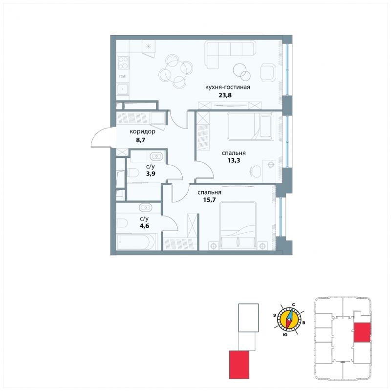 3-комнатная квартира в ЖК Сиреневый Парк на 4 этаже в 6 секции. Сдача в 1 кв. 2024 г.