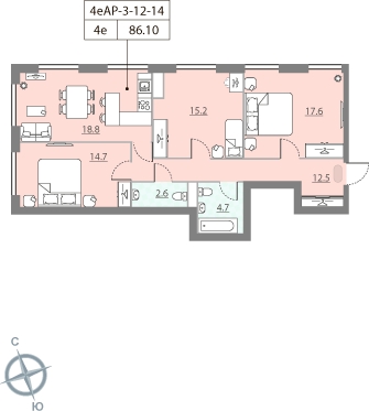 2-комнатная квартира в ЖК Квартал Тетрис на 14 этаже в 1 секции. Сдача в 2 кв. 2025 г.