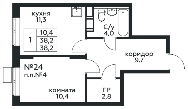 1-комнатная квартира в ЖК Новая Щербинка на 2 этаже в 1 секции. Сдача в 1 кв. 2022 г.
