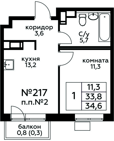 2-комнатная квартира в ЖК Новая Щербинка на 3 этаже в 2 секции. Сдача в 1 кв. 2022 г.