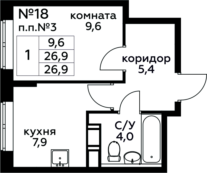 1-комнатная квартира в ЖК Новая Щербинка на 7 этаже в 3 секции. Сдача в 1 кв. 2022 г.