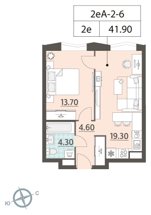 1-комнатная квартира в ЖК Квартал Тетрис на 13 этаже в 1 секции. Сдача в 2 кв. 2025 г.