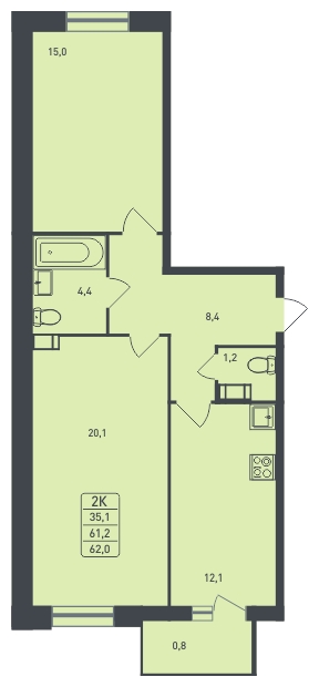 2-комнатная квартира в ЖК Событие на 13 этаже в 1 секции. Сдача в 3 кв. 2025 г.