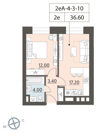 2-комнатная квартира в ЖК ЗИЛАРТ на 4 этаже в 1 секции. Сдача в 2 кв. 2023 г.