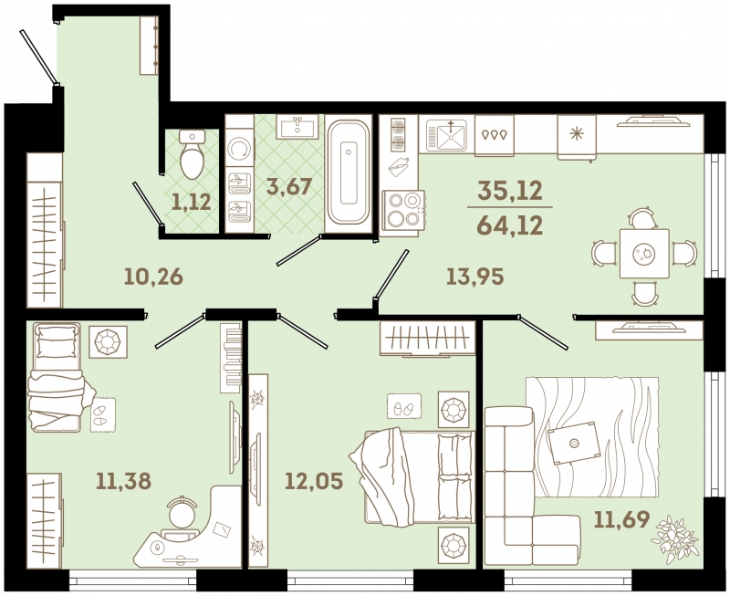 3-комнатная квартира с отделкой в ЖК Суздальское  шоссе 20 на 1 этаже в 6 секции. Сдача в 4 кв. 2022 г.