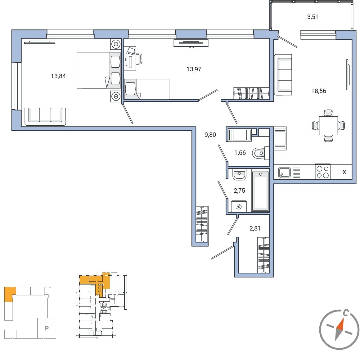3-комнатная квартира в ЖК Жилой район ALIA на 3 этаже в 1 секции. Сдача в 1 кв. 2023 г.