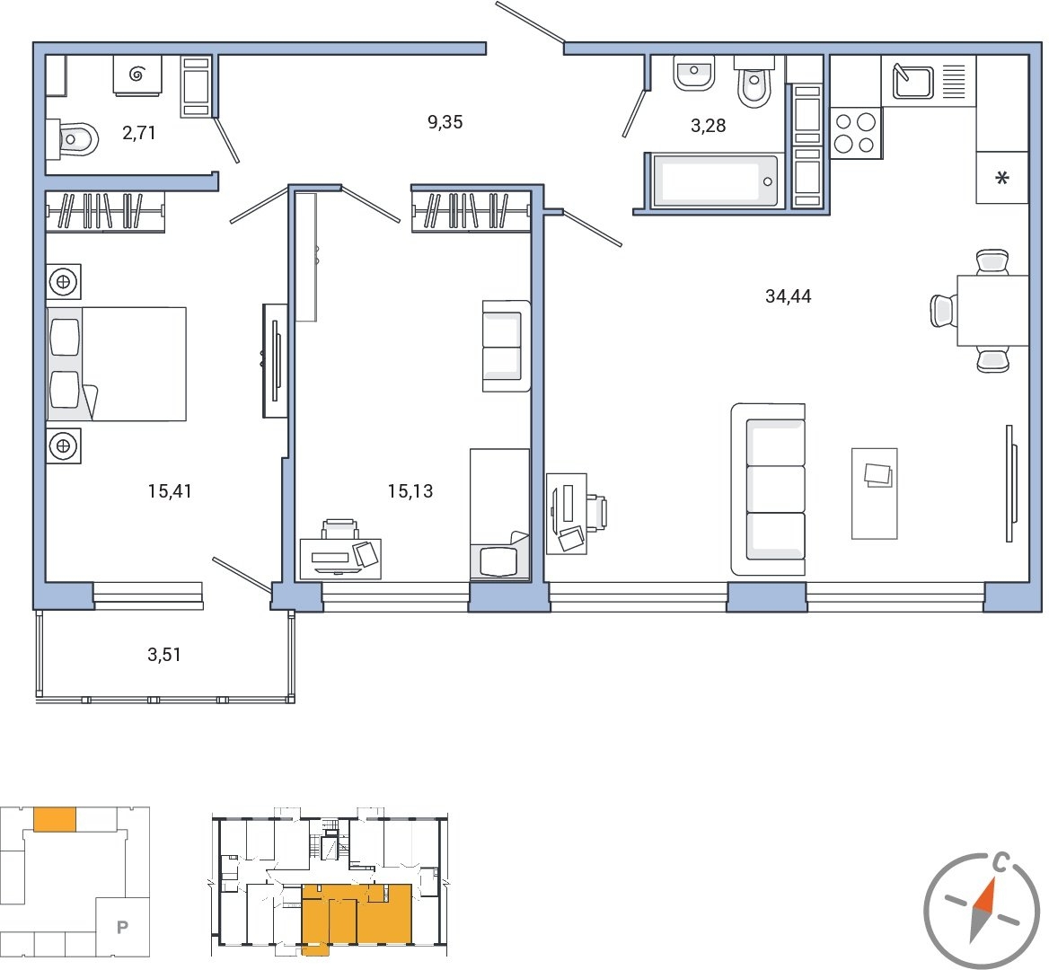 2-комнатная квартира в ЖК Прокшино на 13 этаже в 2 секции. Сдача в 1 кв. 2025 г.