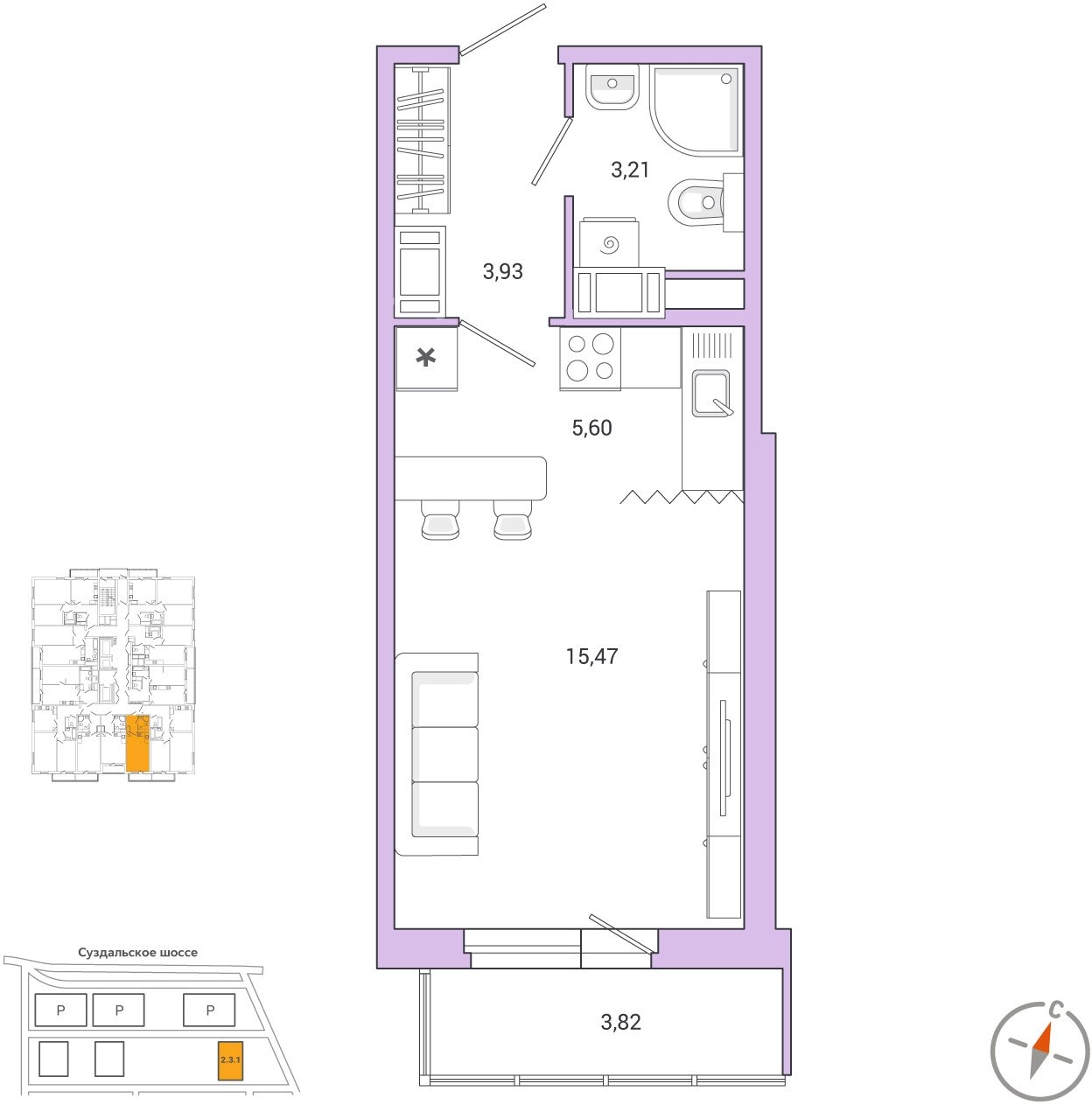 1-комнатная квартира (Студия) в ЖК Сиреневый Парк на 4 этаже в 5 секции. Сдача в 1 кв. 2024 г.