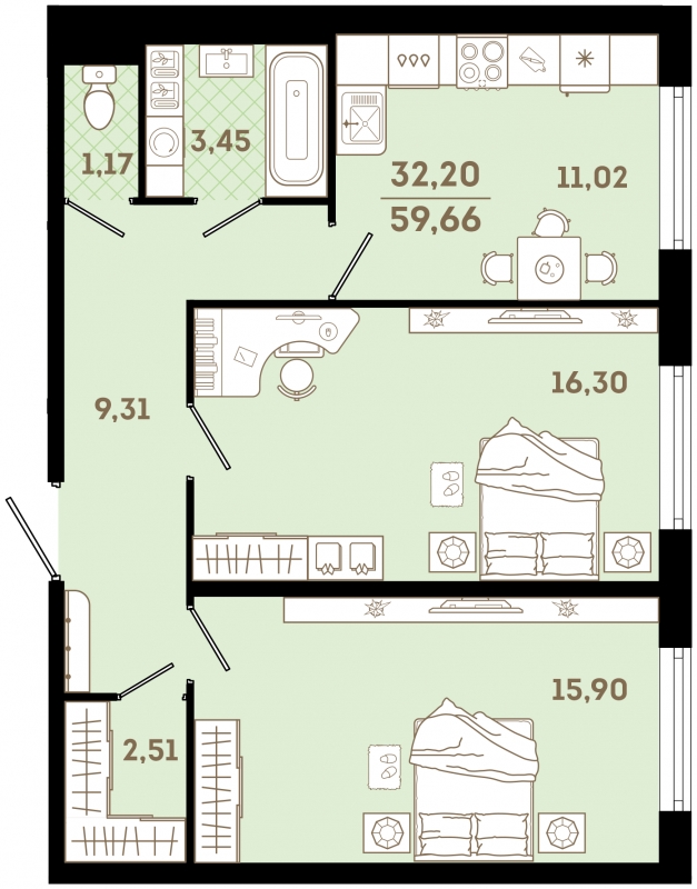 3-комнатная квартира в ЖК Сиреневый Парк на 9 этаже в 1 секции. Сдача в 1 кв. 2024 г.